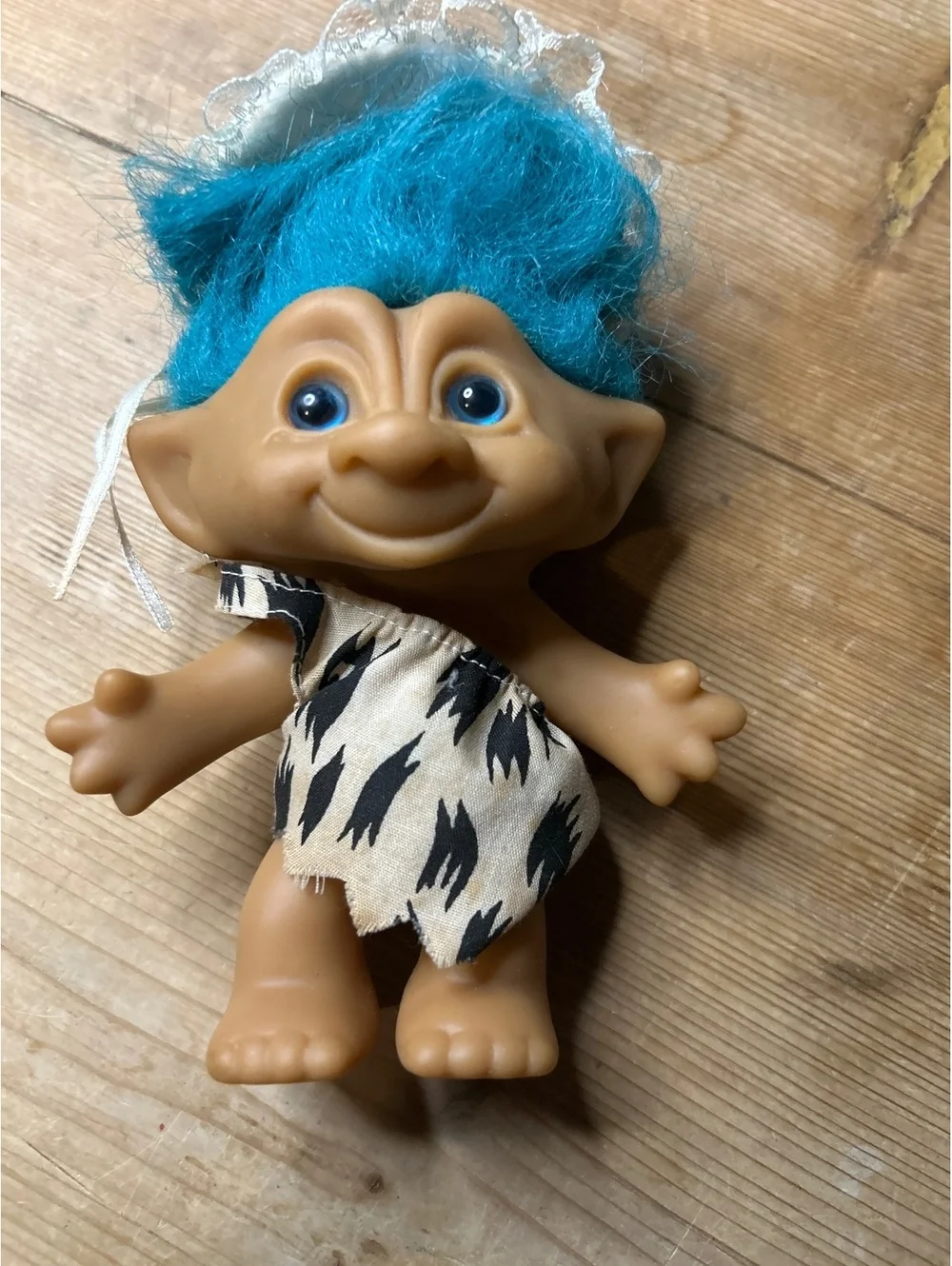 Vintage Troll Doll with Blue Hair and Animal Print Outfit